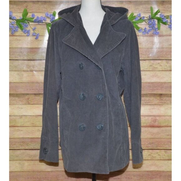 Sonoma Gray Corduroy Double Breasted Button Up Hooded Jacket Pea Coat Size XL - Picture 6 of 14